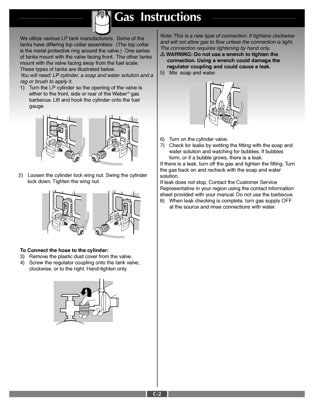 Weber 55545 manual Gas Instructions, CC--2, Note This is a new type of connection. It tightens clockwise 