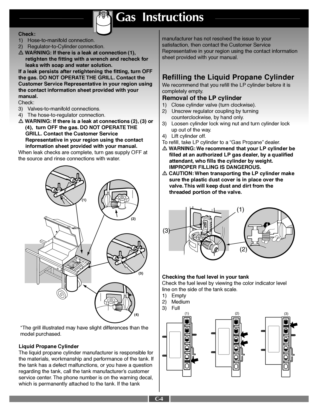 Weber 55545 manual Refilling the Liquid Propane Cylinder, Removal of the LP cylinder, Gas Instructions, CC--4 