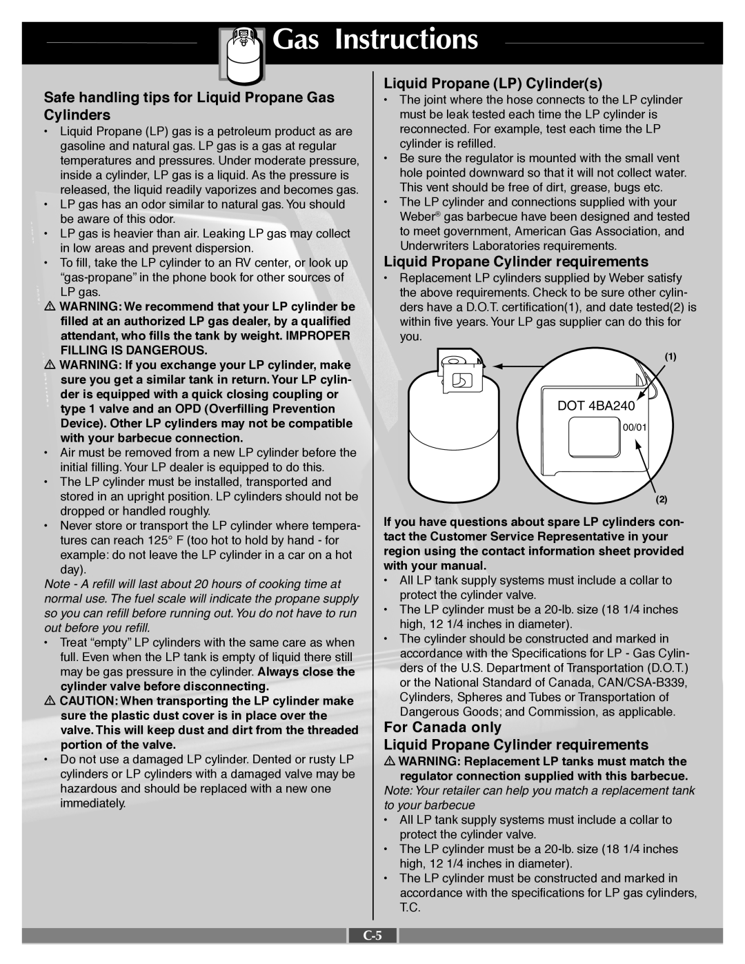 Weber 55545 manual Instructions, Safe handling tips for Liquid Propane Gas, Cylinders, Liquid Propane Cylinder requirements 