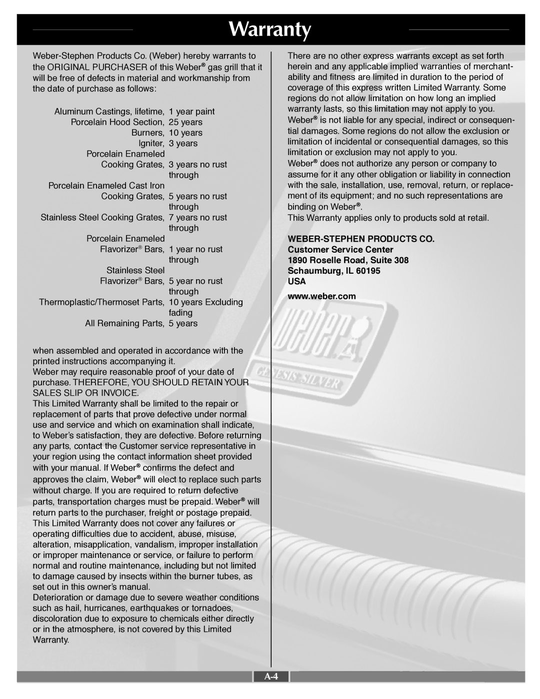 Weber 55548 manual Warranty 