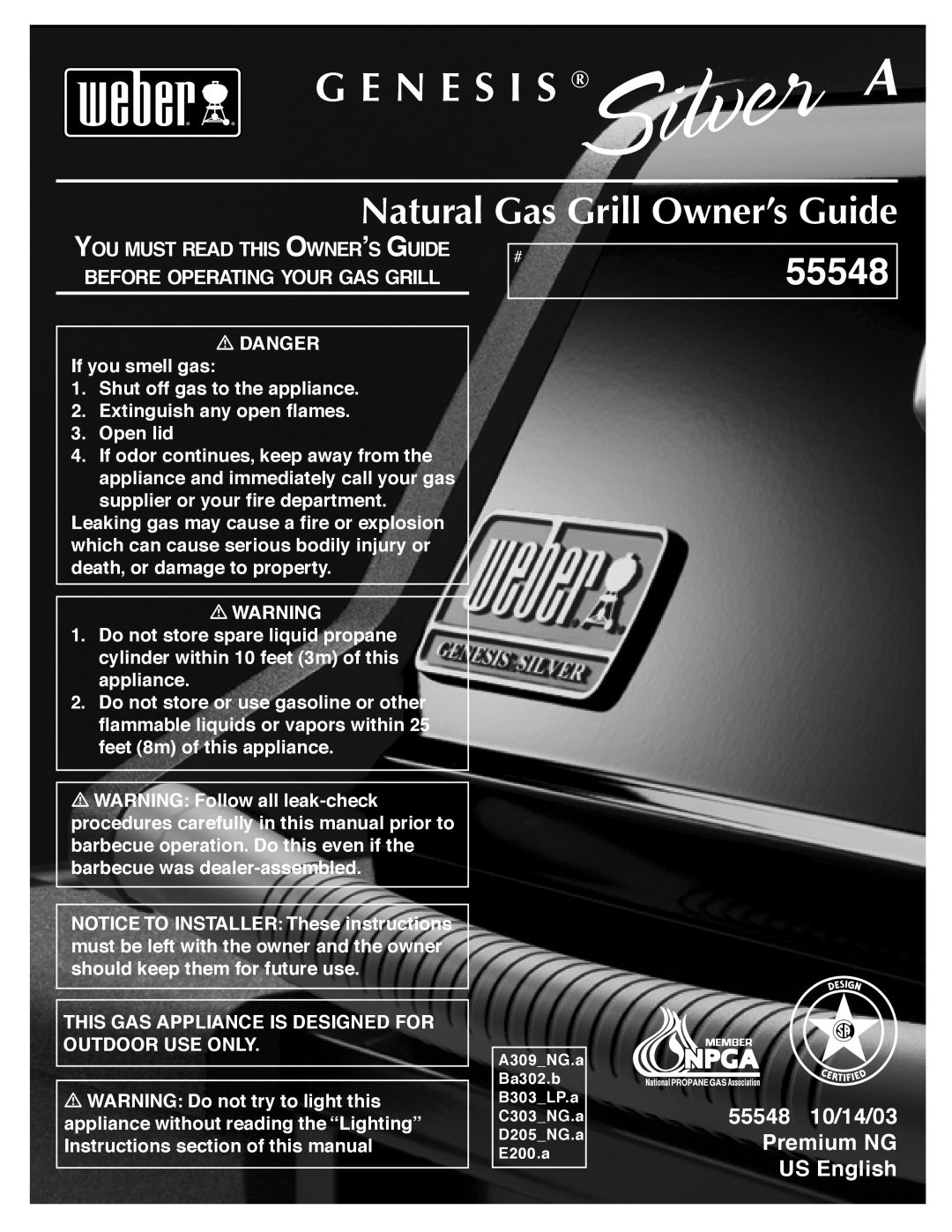 Weber manual Natural Gas Grill Owner’s Guide, G E N E S I S, 55548 10/14/03 Premium NG US English 