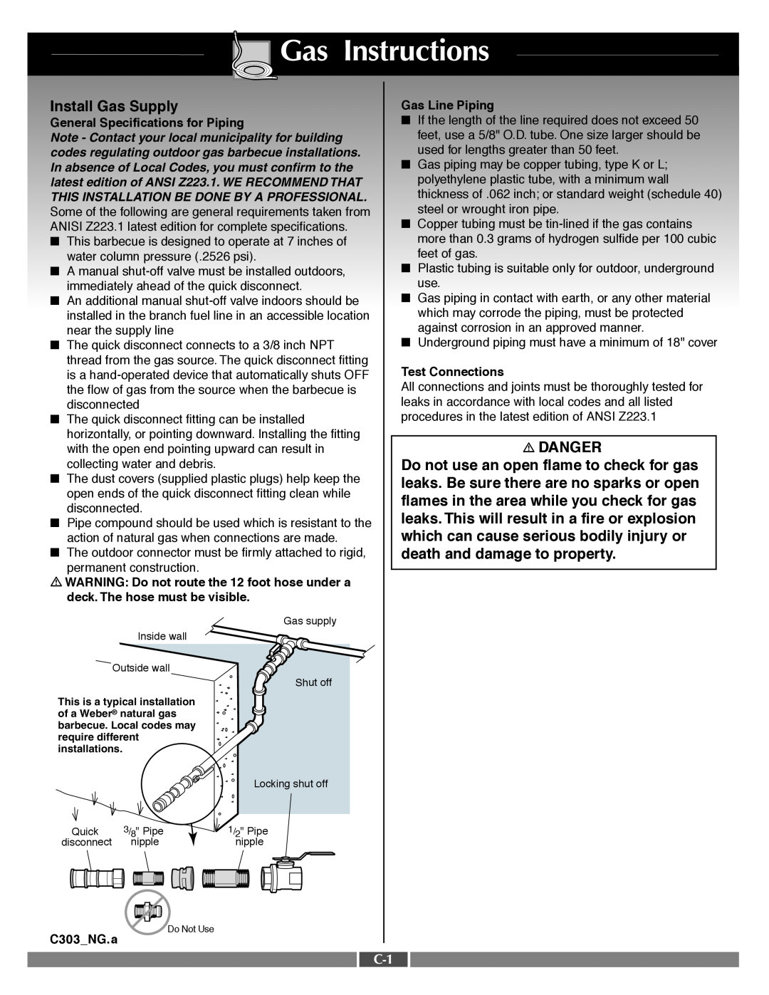 Weber 55548 manual Gas Instructions, Install Gas Supply, Danger 