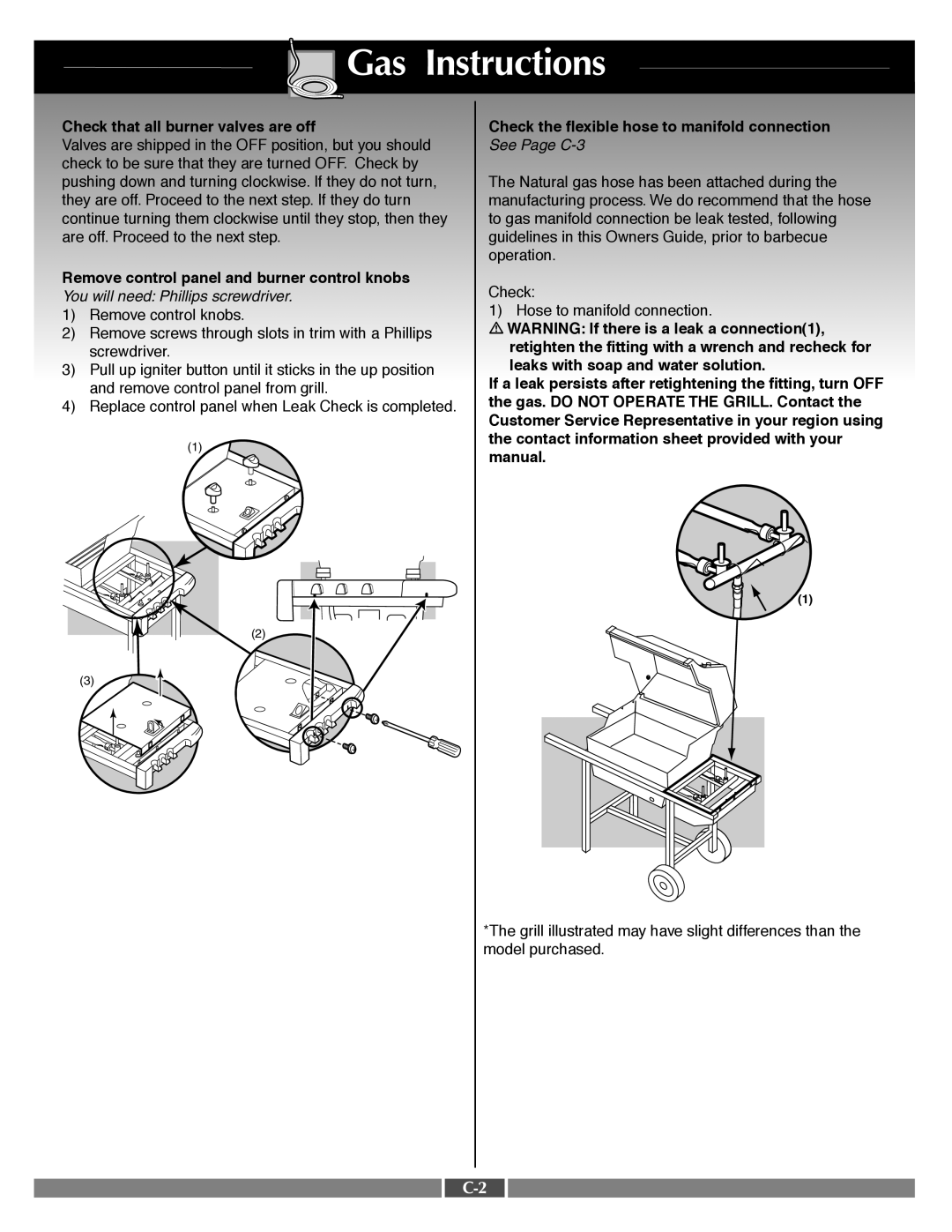 Weber 55548 manual Gas Instructions, Check that all burner valves are off, Remove control panel and burner control knobs 