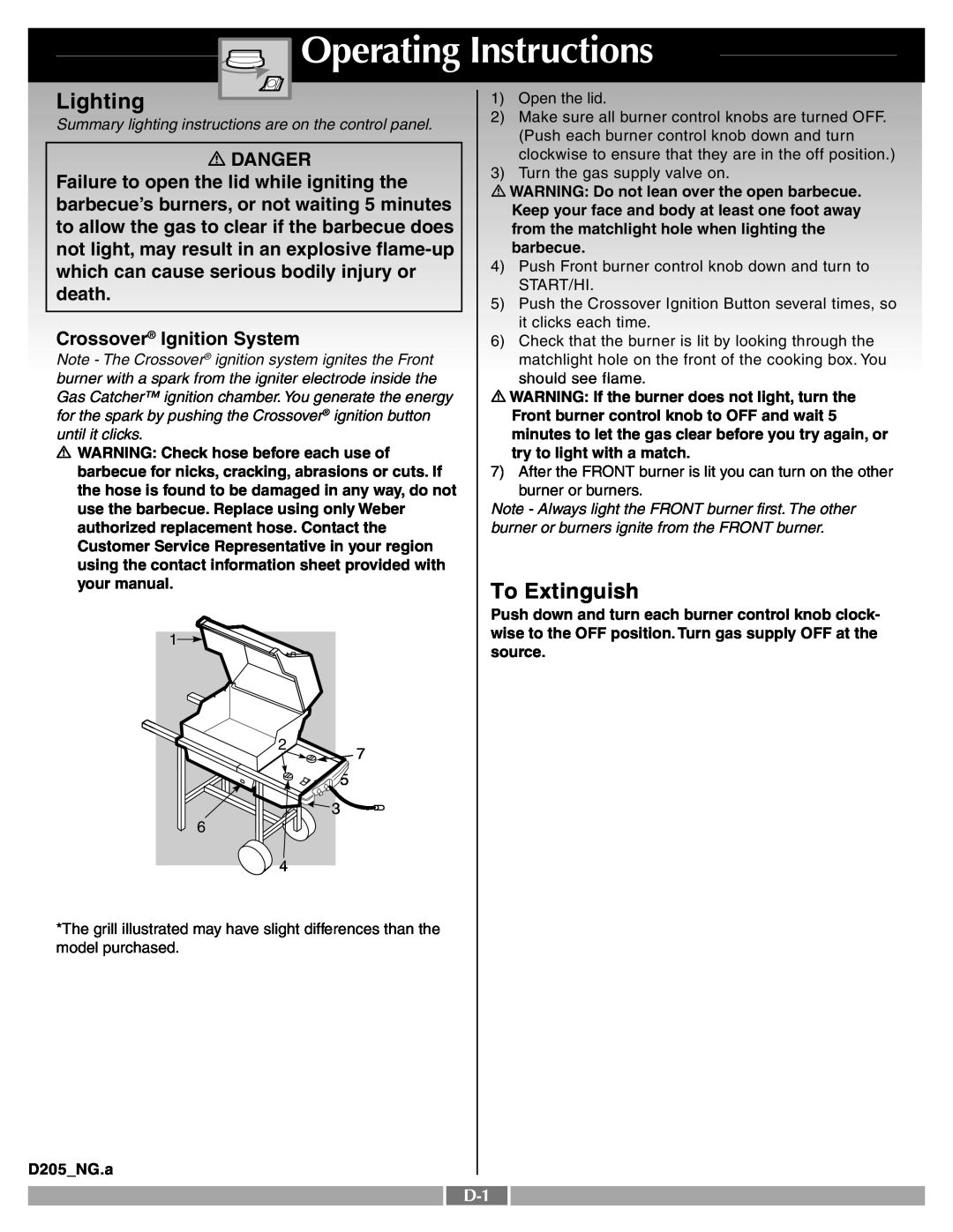 Weber 55548 Operating Instructions, Lighting, To Extinguish, Failure to open the lid while igniting the, death, Danger 