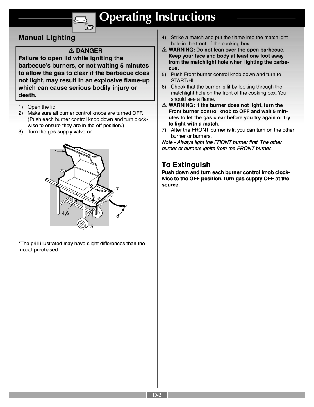 Weber 55548 manual Manual Lighting, Operating Instructions, To Extinguish, Danger 