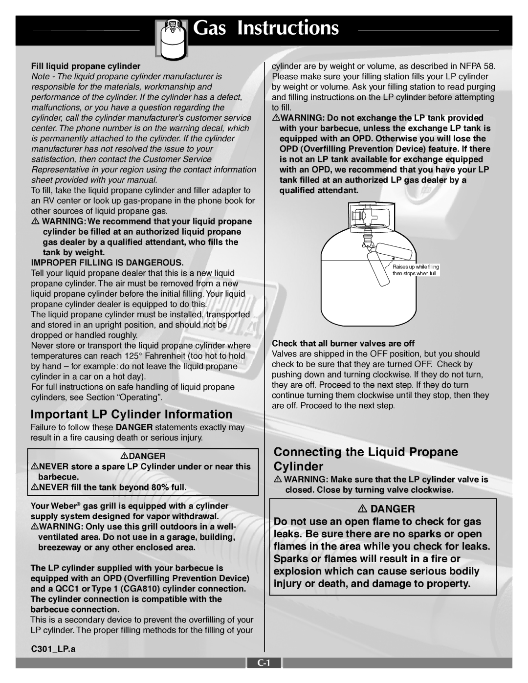 Weber 55549 manual Important LP Cylinder Information, Connecting the Liquid Propane 