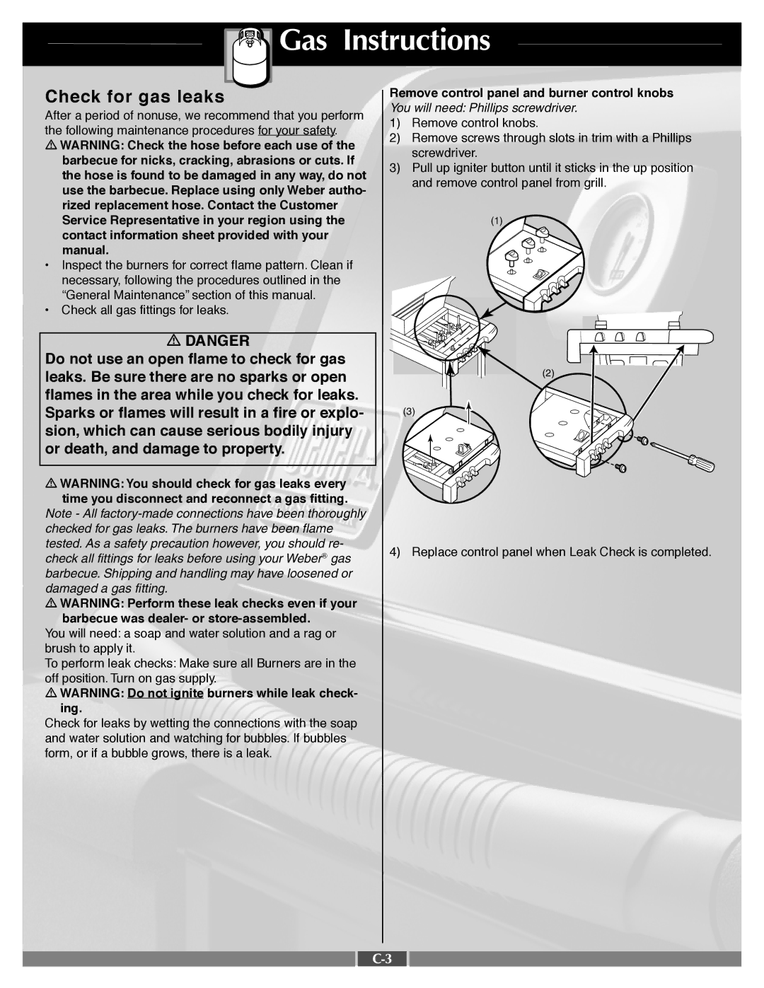 Weber 55549 manual Check for gas leaks 