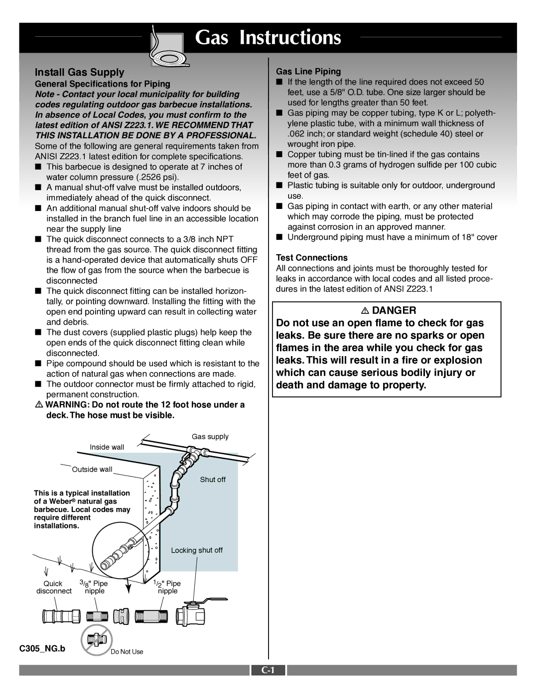 Weber 55554 manual Gas Instructions, Install Gas Supply 