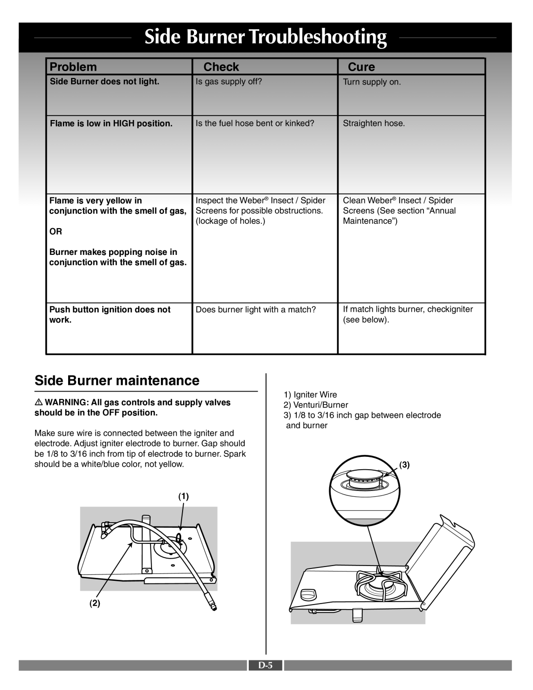 Weber 55554 manual Side Burner Troubleshooting, Side Burner maintenance 