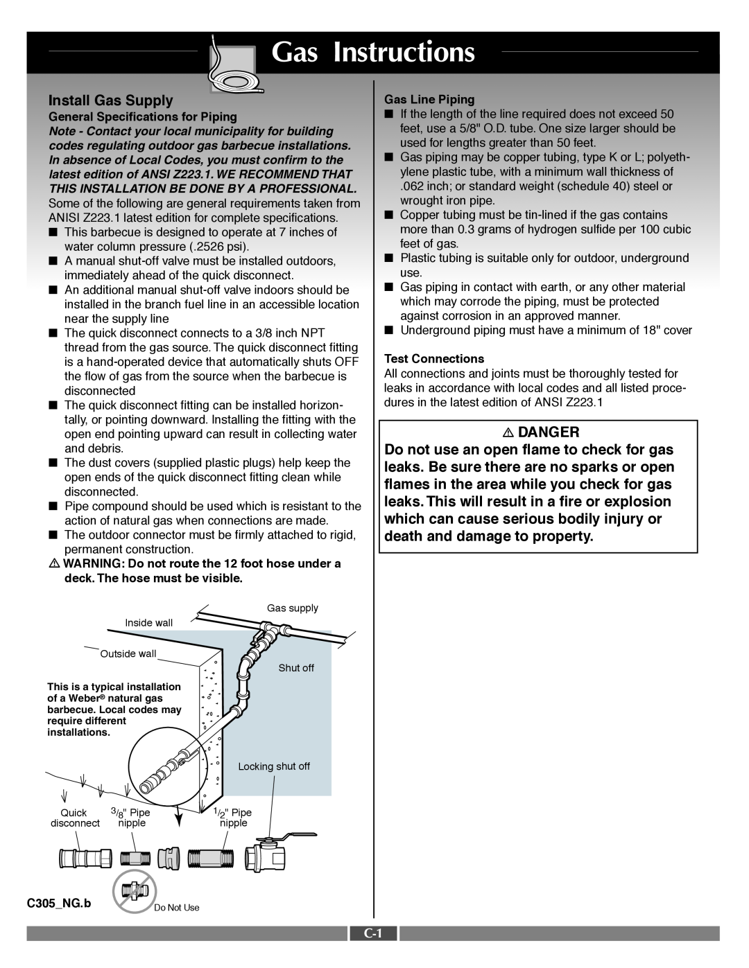 Weber 55556 manual Gas Instructions, Install Gas Supply, Danger 