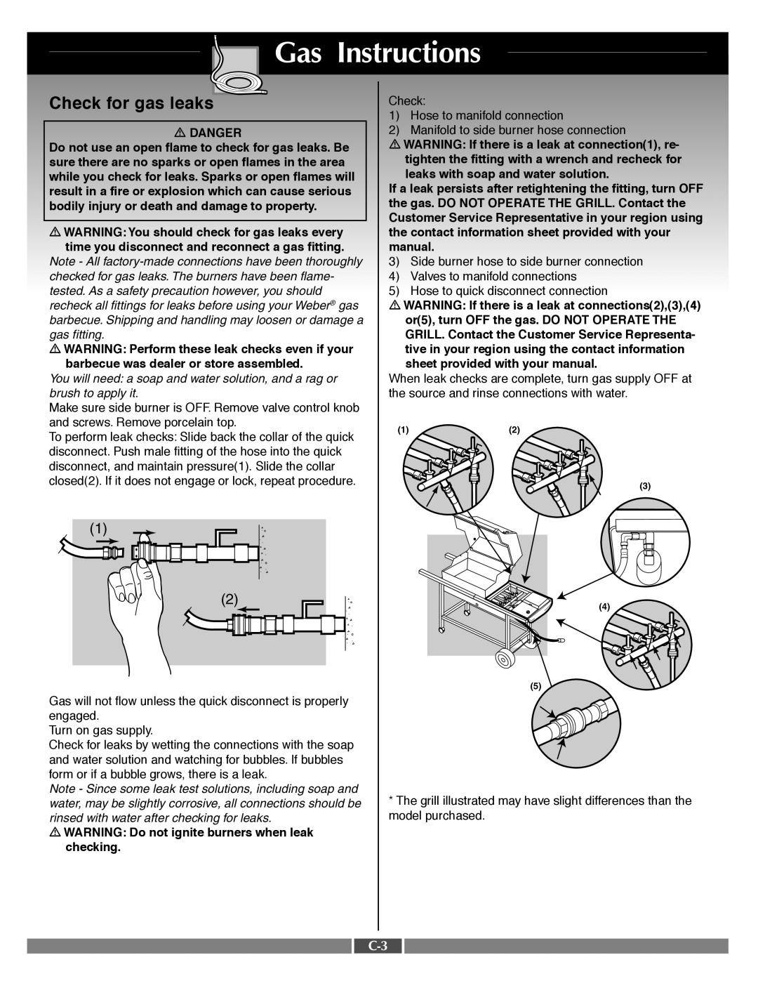 Weber 55556 manual Check for gas leaks, Gas Instructions 