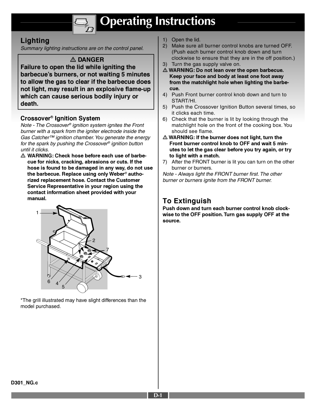 Weber 55556 manual Operating Instructions, Lighting, To Extinguish, Crossover Ignition System, Danger 
