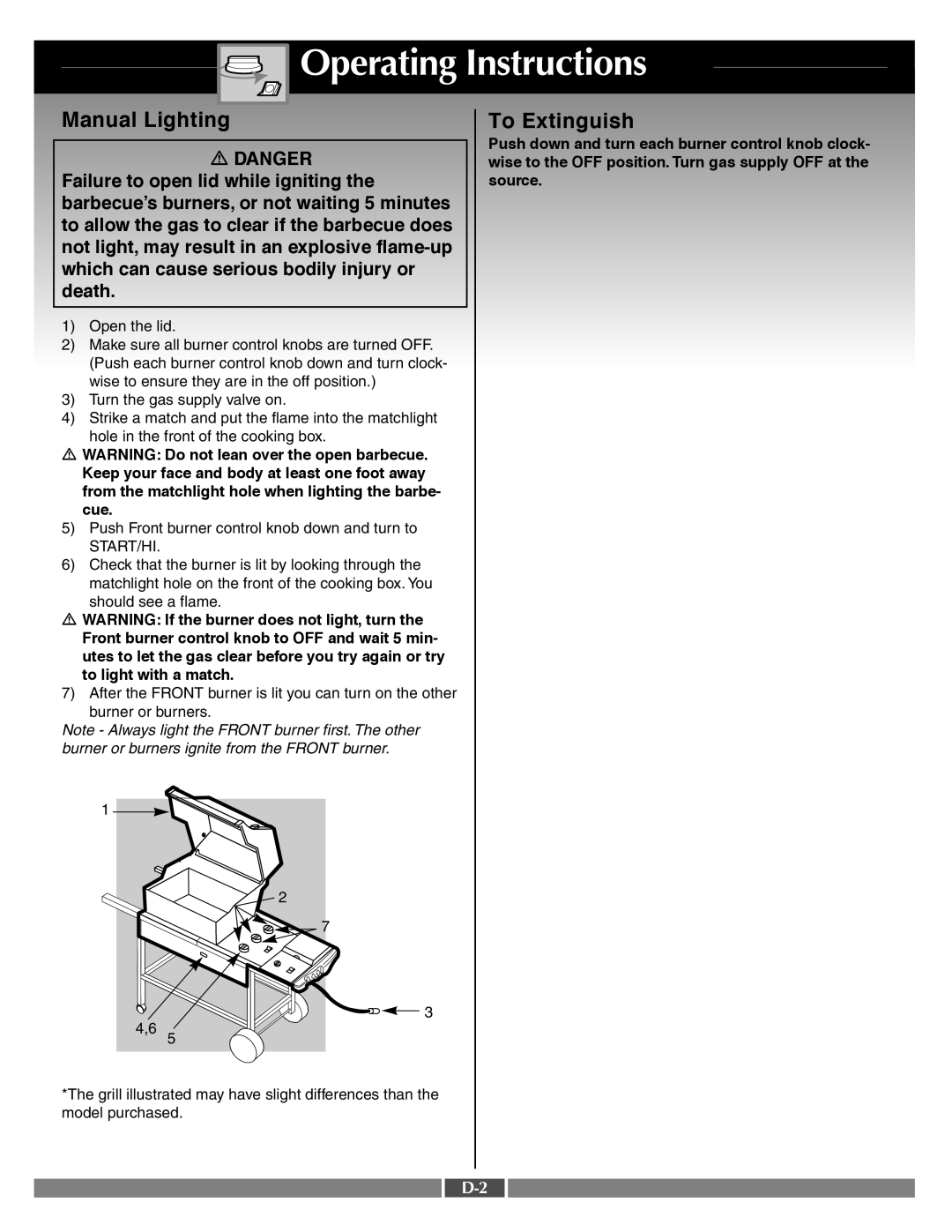Weber 55556 manual Manual Lighting, Operating Instructions, To Extinguish, Danger 