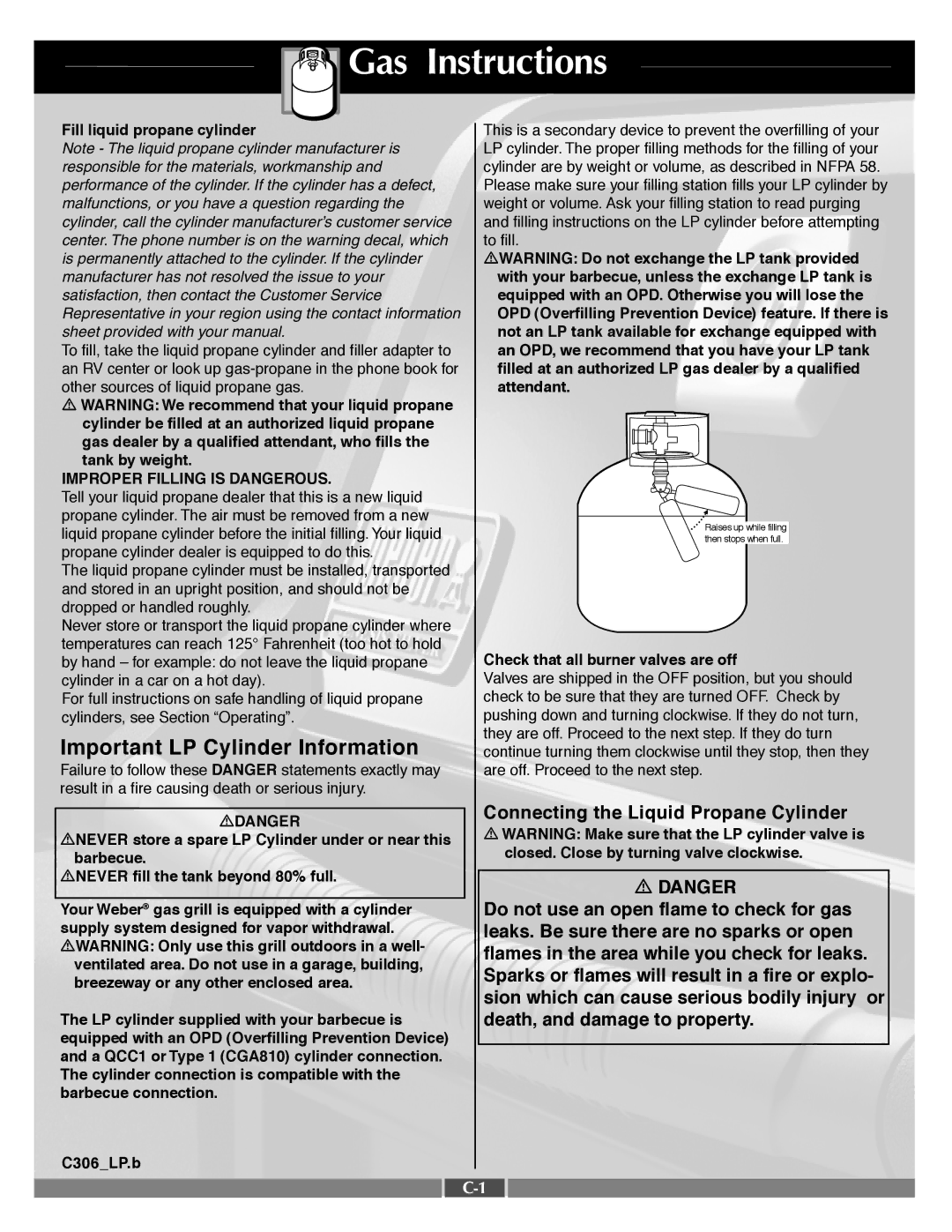 Weber 55568 manual Gas Instructions 