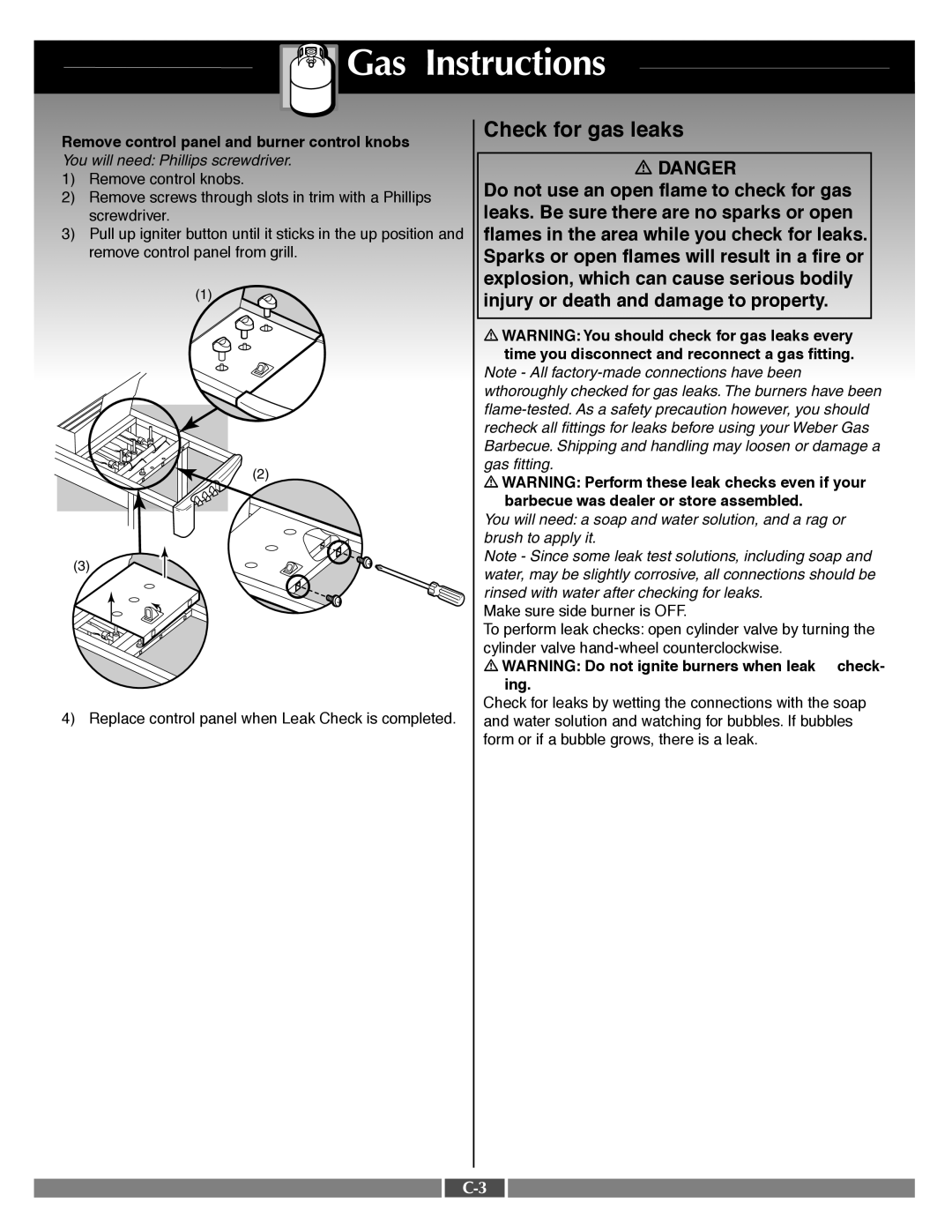 Weber 55568 manual Check for gas leaks 