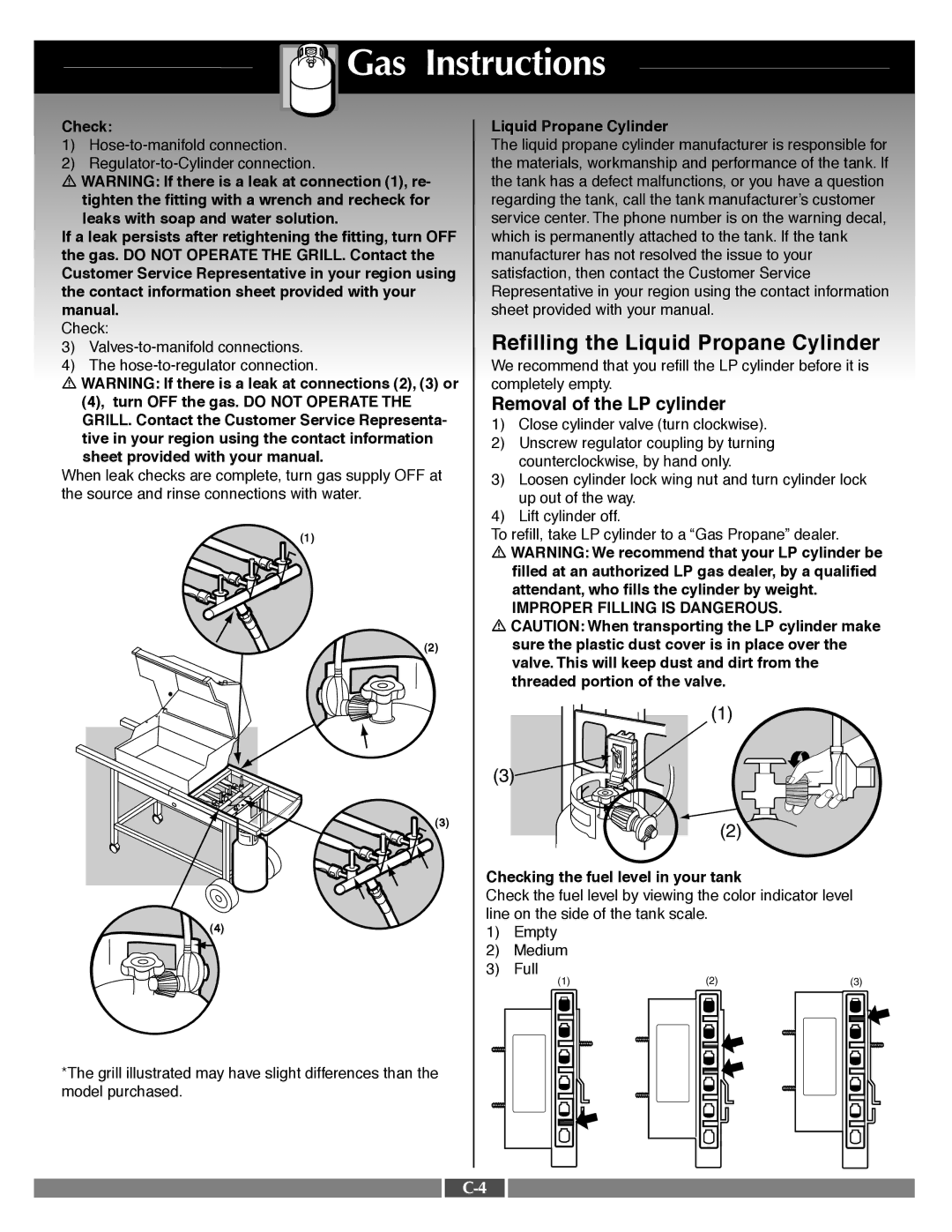 Weber 55568 manual Removal of the LP cylinder, Check Liquid Propane Cylinder 