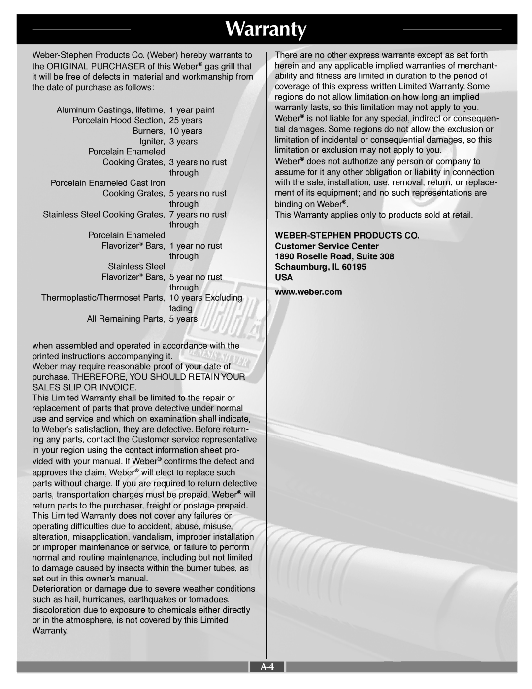 Weber 55768 manual Warranty 