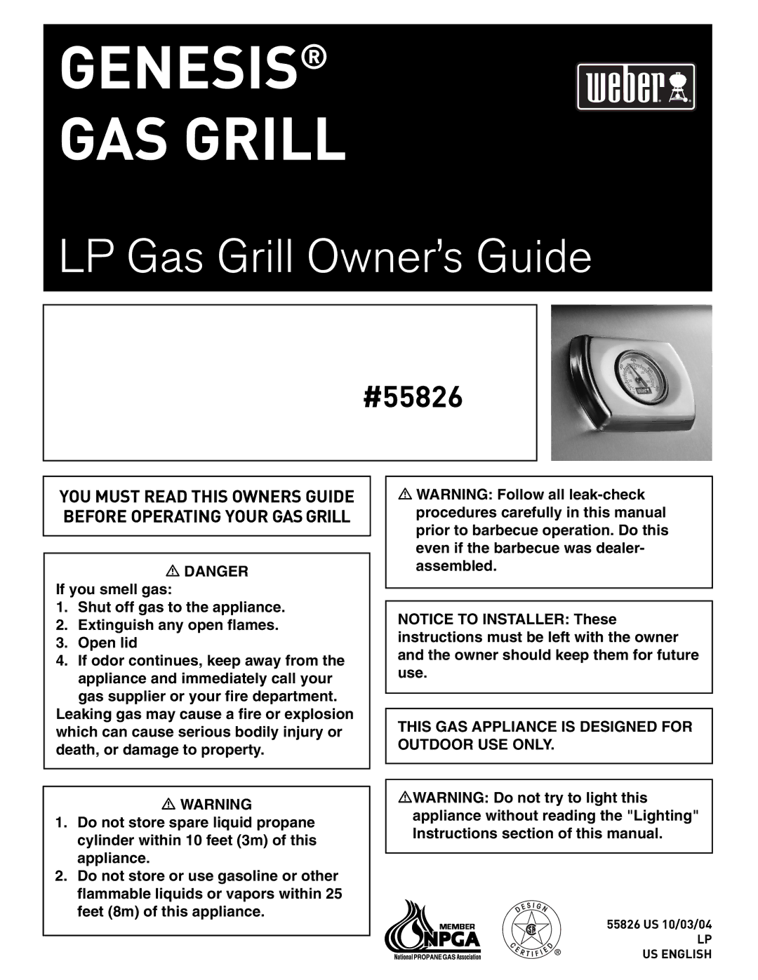 Weber 55826 manual Genesis GAS Grill, LP US English 