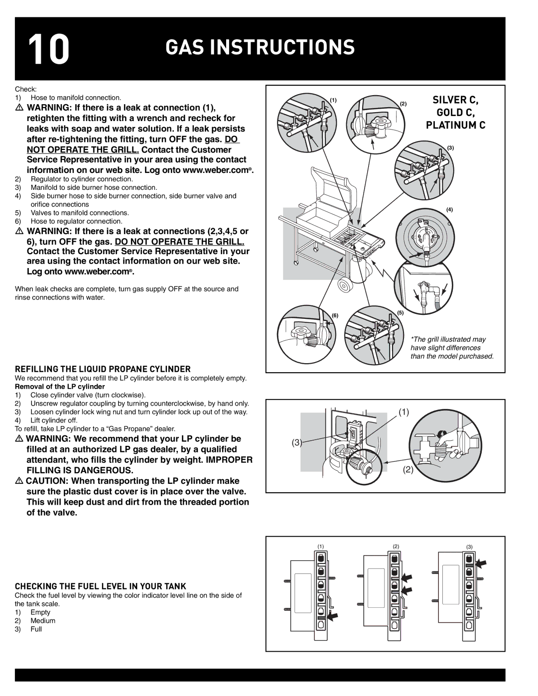 Weber 55826 manual Gold C Platinum C, Refilling the Liquid Propane Cylinder, Checking the Fuel Level in Your Tank 