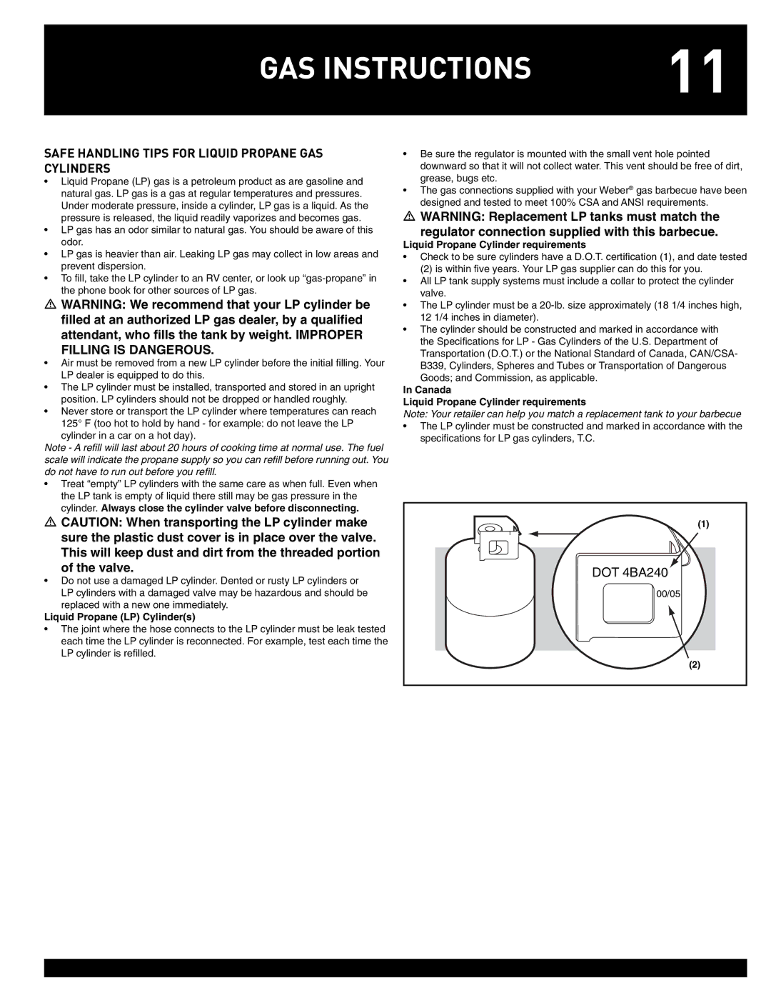 Weber 55826 manual Safe Handling Tips for Liquid Propane GAS Cylinders, Liquid Propane LP Cylinders 