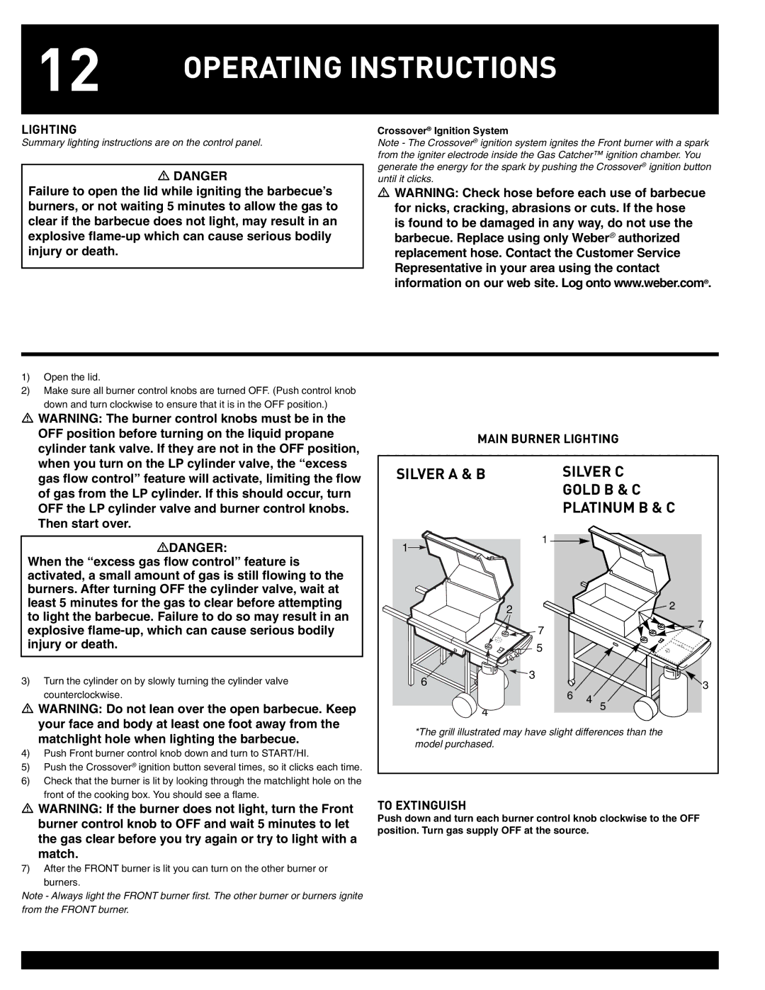 Weber 55826 manual Operating Instructions, Silver a & B Silver C Gold B & C, Main Burner Lighting, To Extinguish 