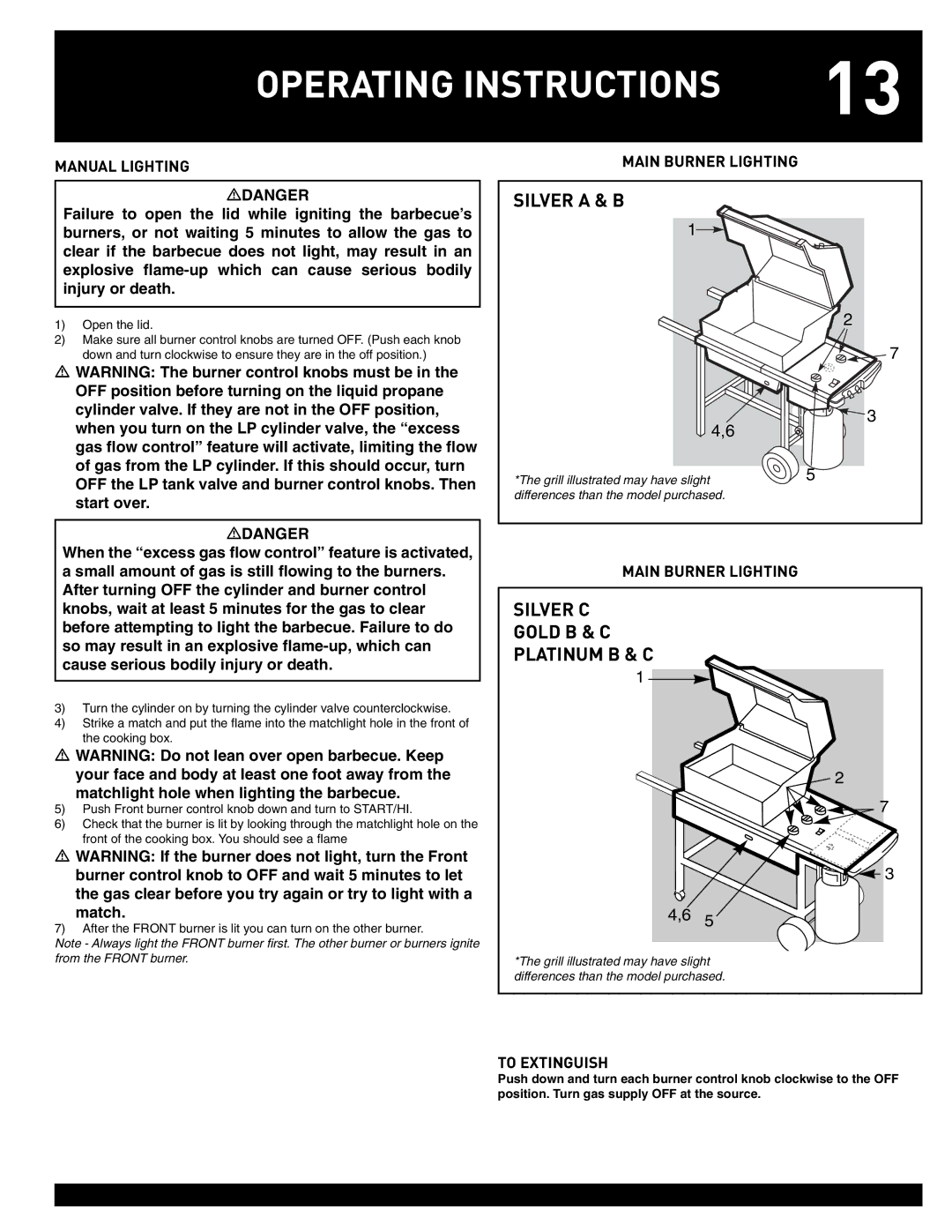 Weber 55826 manual Silver a & B, Silver C Gold B & C Platinum B & C, Manual Lighting Main Burner Lighting 