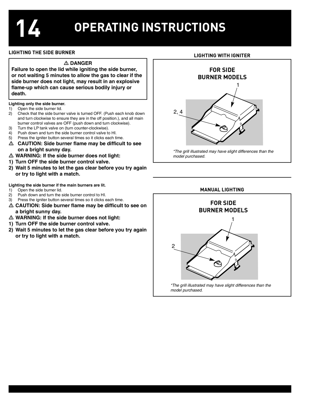 Weber 55826 manual For Side Burner Models, Lighting the Side Burner, Lighting with Igniter, Manual Lighting 