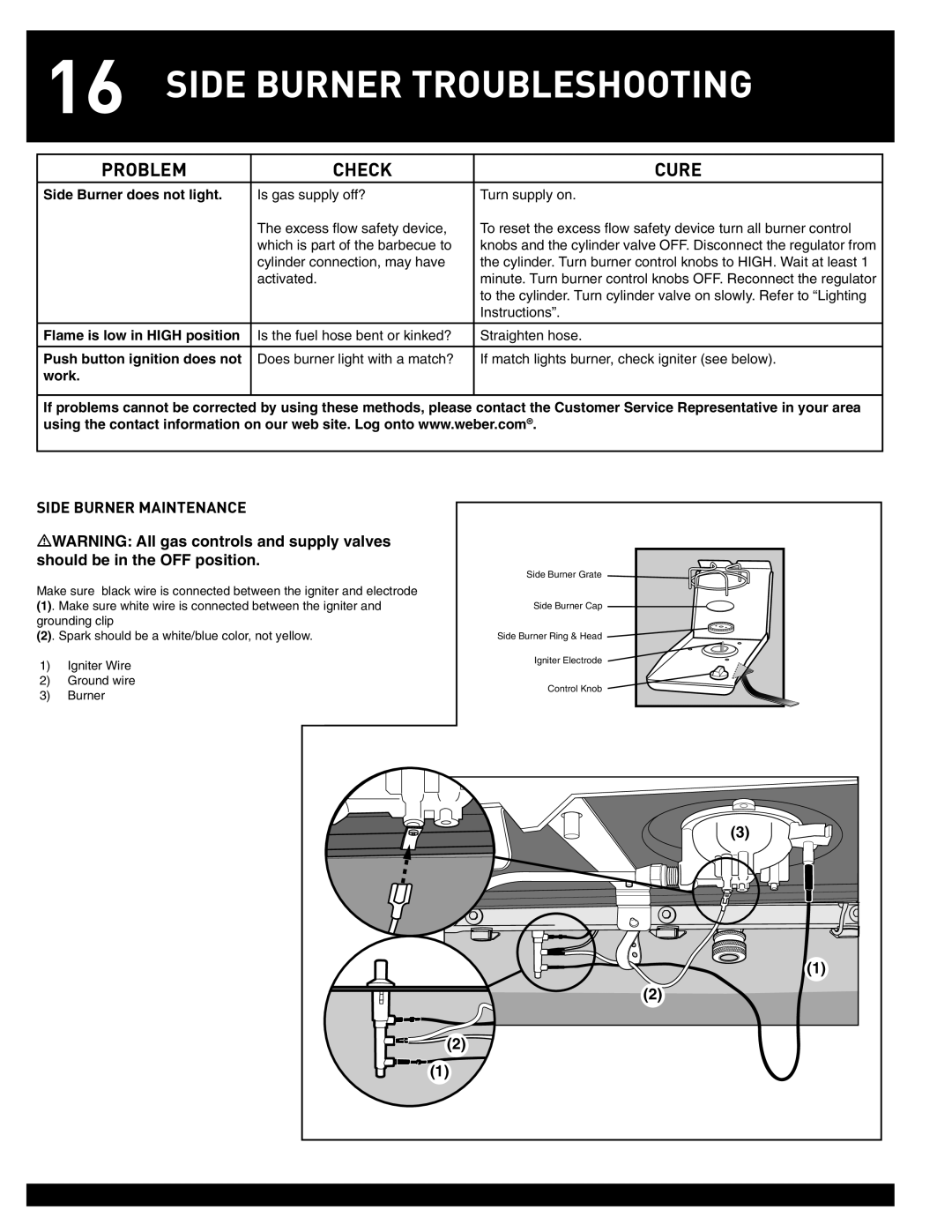 Weber 55826 manual Side Burner Troubleshooting, Side Burner Maintenance 