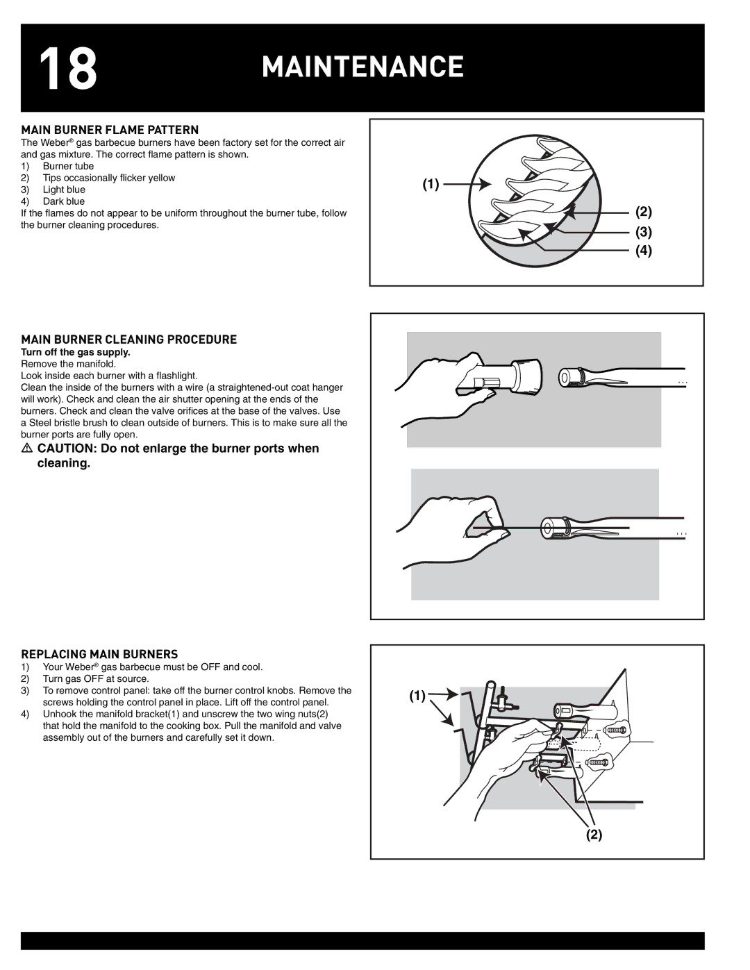 Weber 55826 Main Burner Flame Pattern, Main Burner Cleaning Procedure, Replacing Main Burners, Turn off the gas supply 