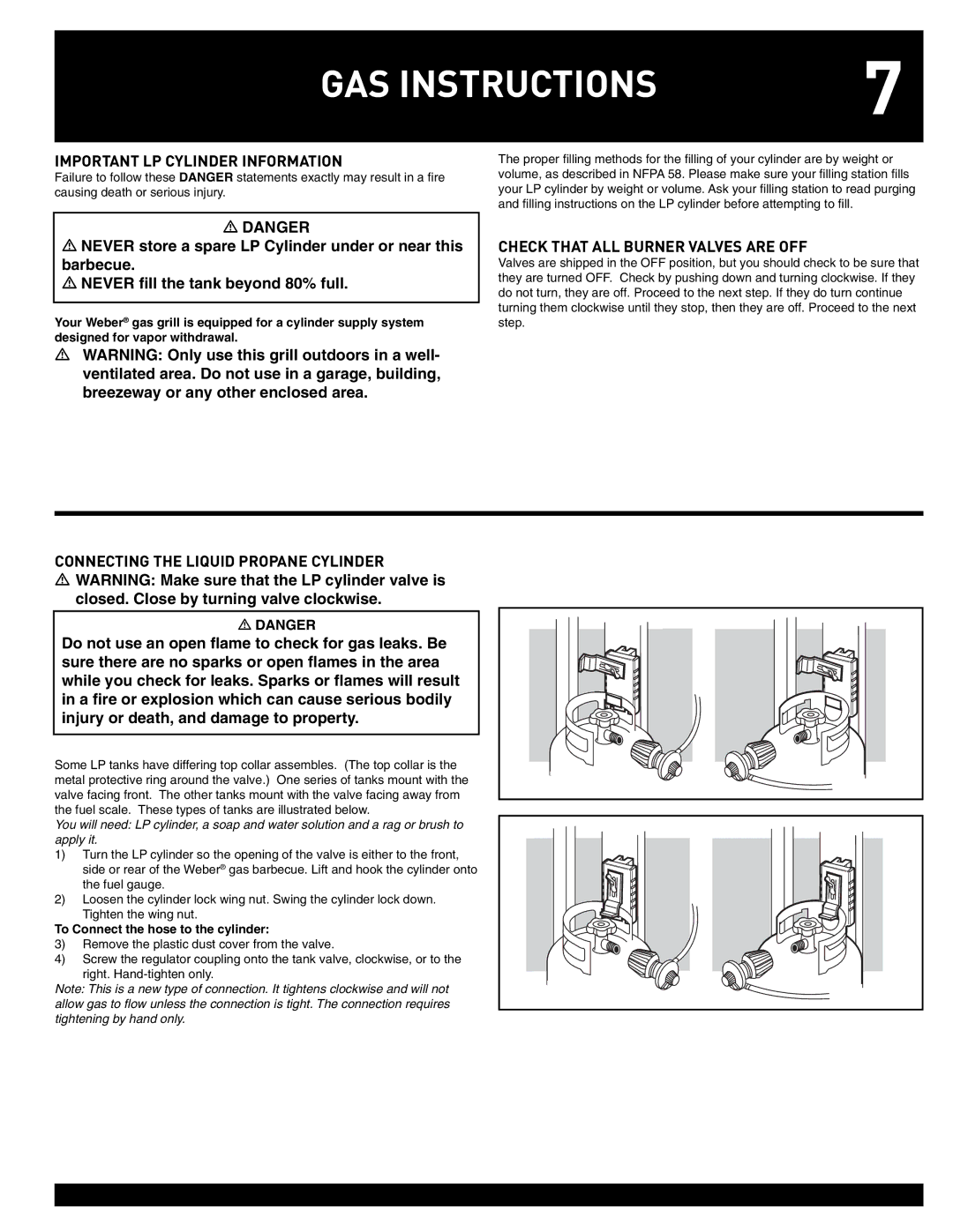 Weber 55826 manual GAS Instructions, Important LP Cylinder Information, Check That ALL Burner Valves are OFF 