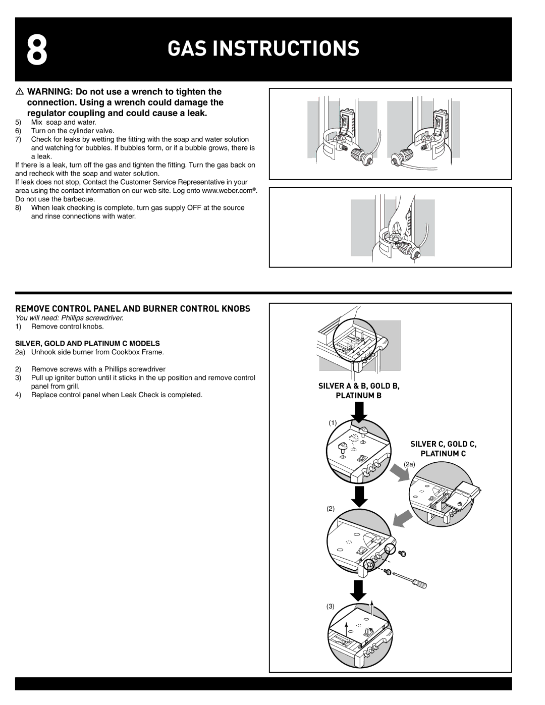 Weber 55826 manual GAS Instructions, Remove Control Panel and Burner Control Knobs 