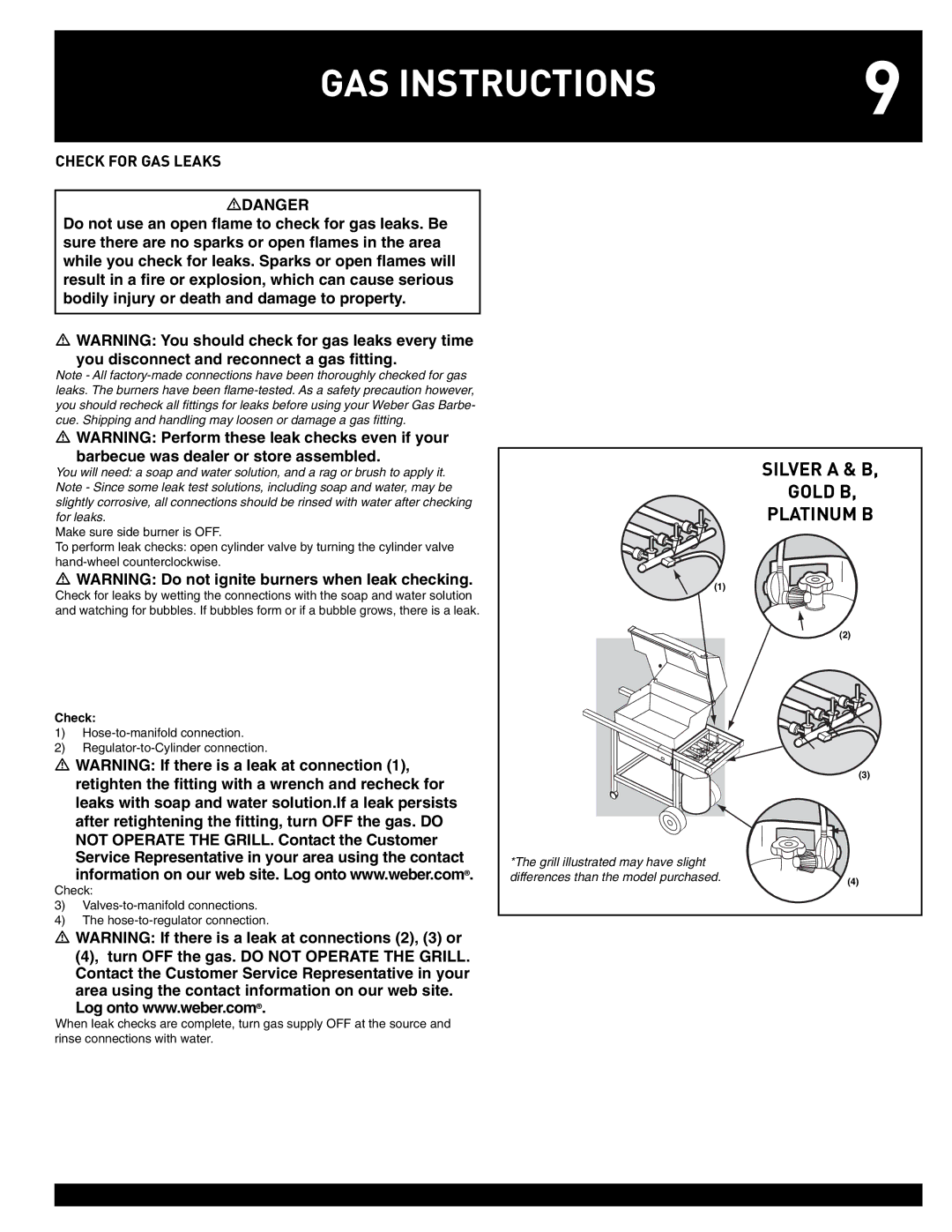 Weber 55826 manual Silver a & B Gold B Platinum B, Check for GAS Leaks 