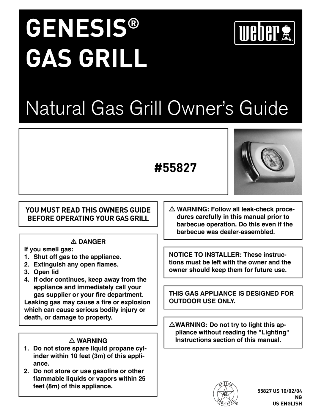 Weber 55827 manual Genesis GAS Grill, NG US English 