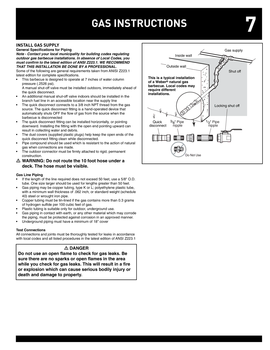 Weber 55827 GAS Instructions, Install GAS Supply, General Speciﬁcations for Piping, Gas Line Piping, Test Connections 