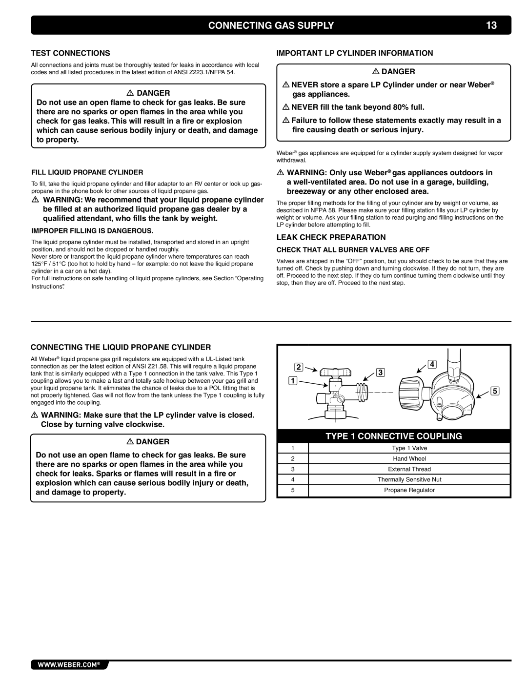 Weber 56069 manual Connecting GAS Supply, Important LP Cylinder Information, Leak Check Preparation 