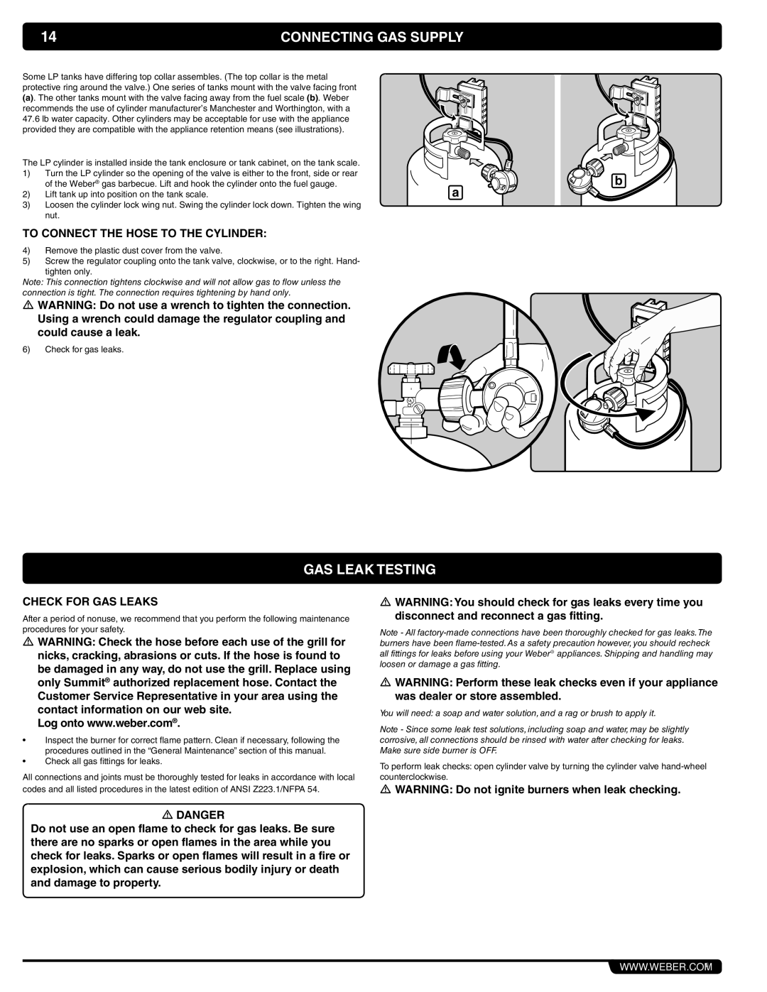 Weber 56069 manual GAS Leak Testing, To Connect the Hose to the Cylinder, Check for GAS Leaks 