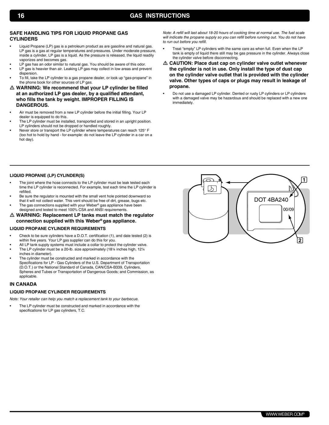 Weber 56069 GAS Instructions, Safe Handling Tips for Liquid Propane GAS Cylinders, Canada, Liquid Propane LP Cylinders 