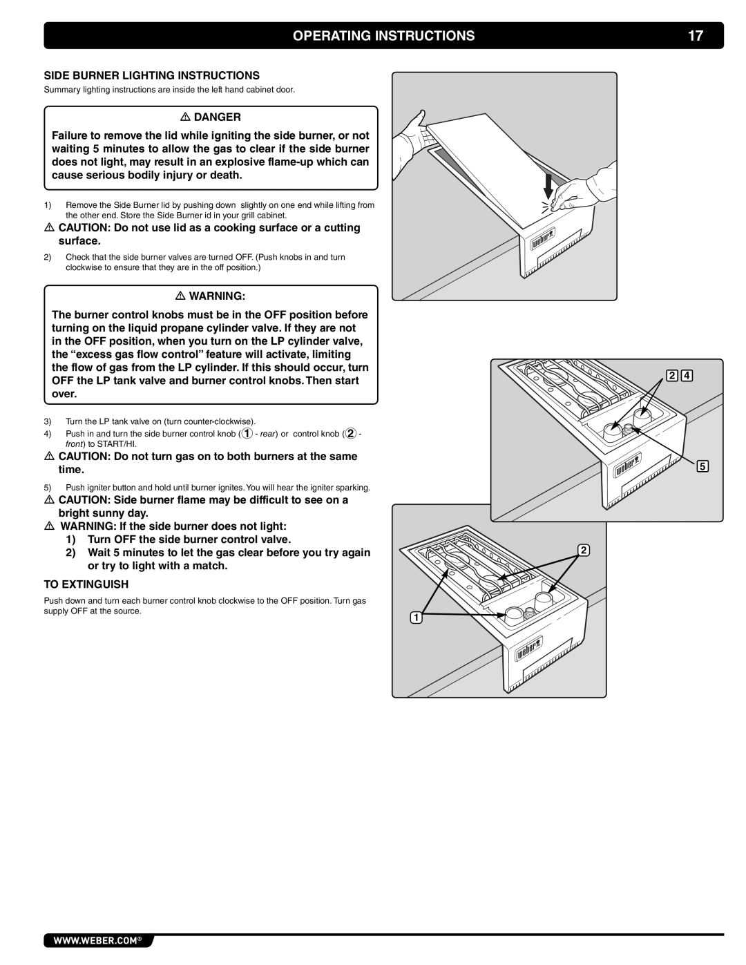 Weber 56069 manual Operating Instructions, Side Burner Lighting Instructions, To Extinguish 