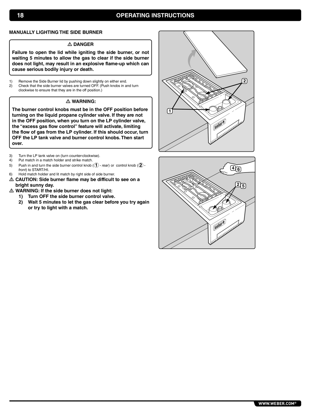 Weber 56069 manual Operating Instructions, Manually Lighting the Side Burner 