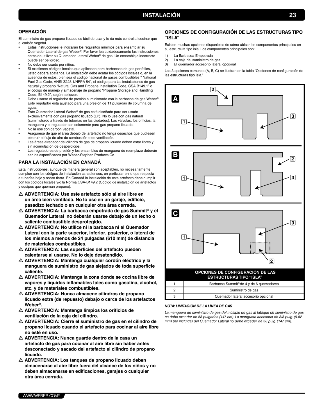 Weber 56069 manual Operación, Para LA Instalación EN Canadá, Opciones DE Configuración DE LAS Estructuras Tipo Isla 