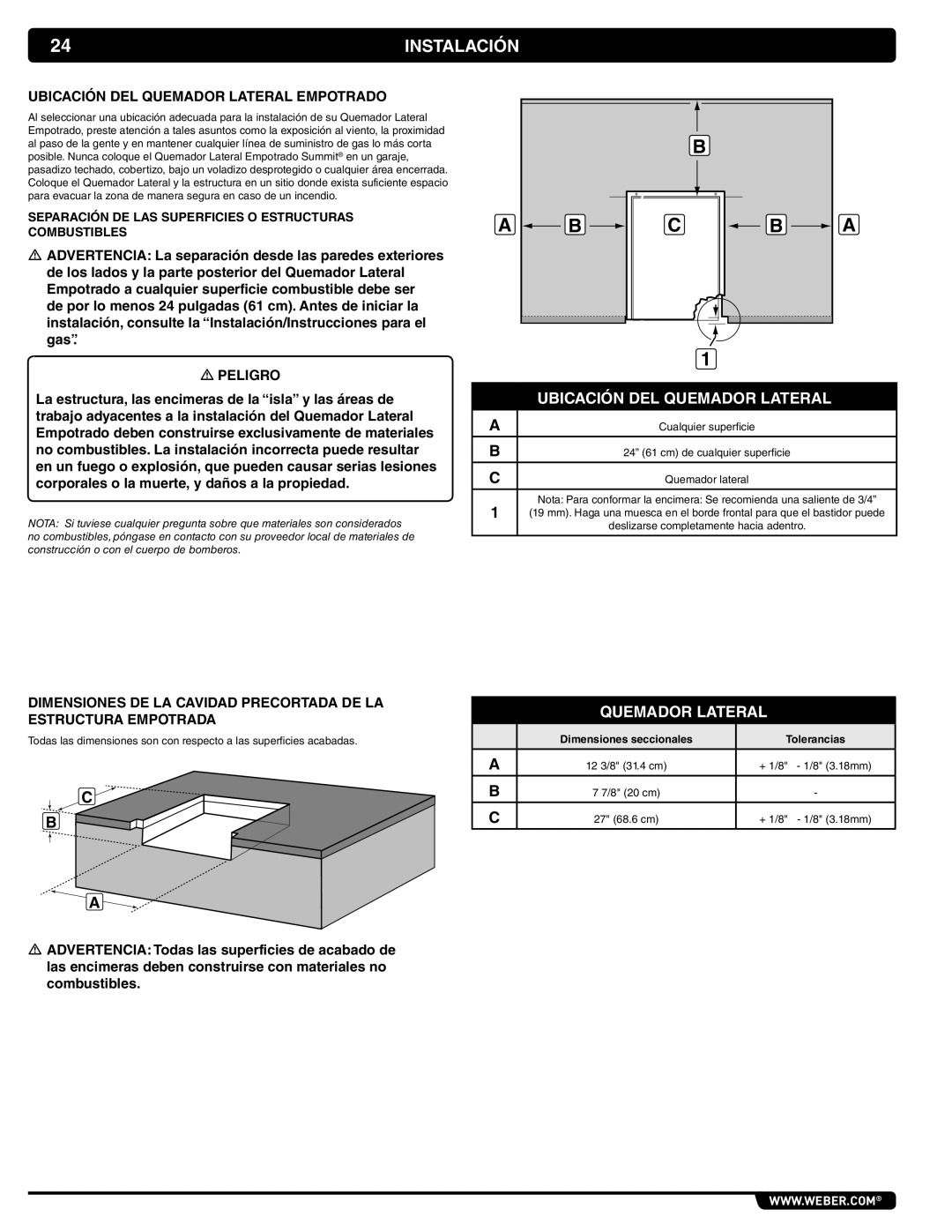 Weber 56069 Instalación, Ubicación DEL Quemador Lateral Empotrado, Quemador lateral, Dimensiones seccionales Tolerancias 