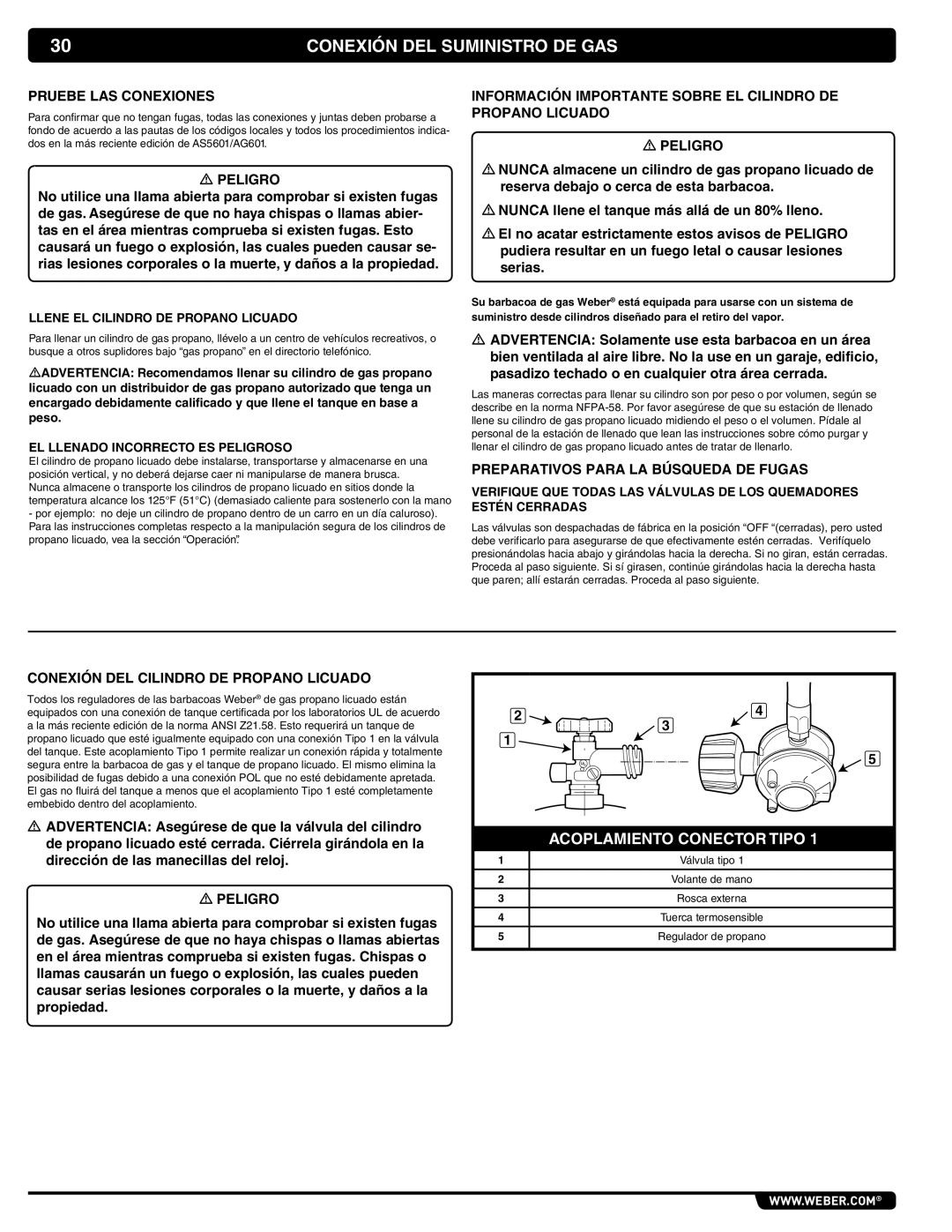 Weber 56069 Conexión DEL Suministro DE GAS, Preparativos Para LA Búsqueda DE Fugas, Llene EL Cilindro DE Propano Licuado 