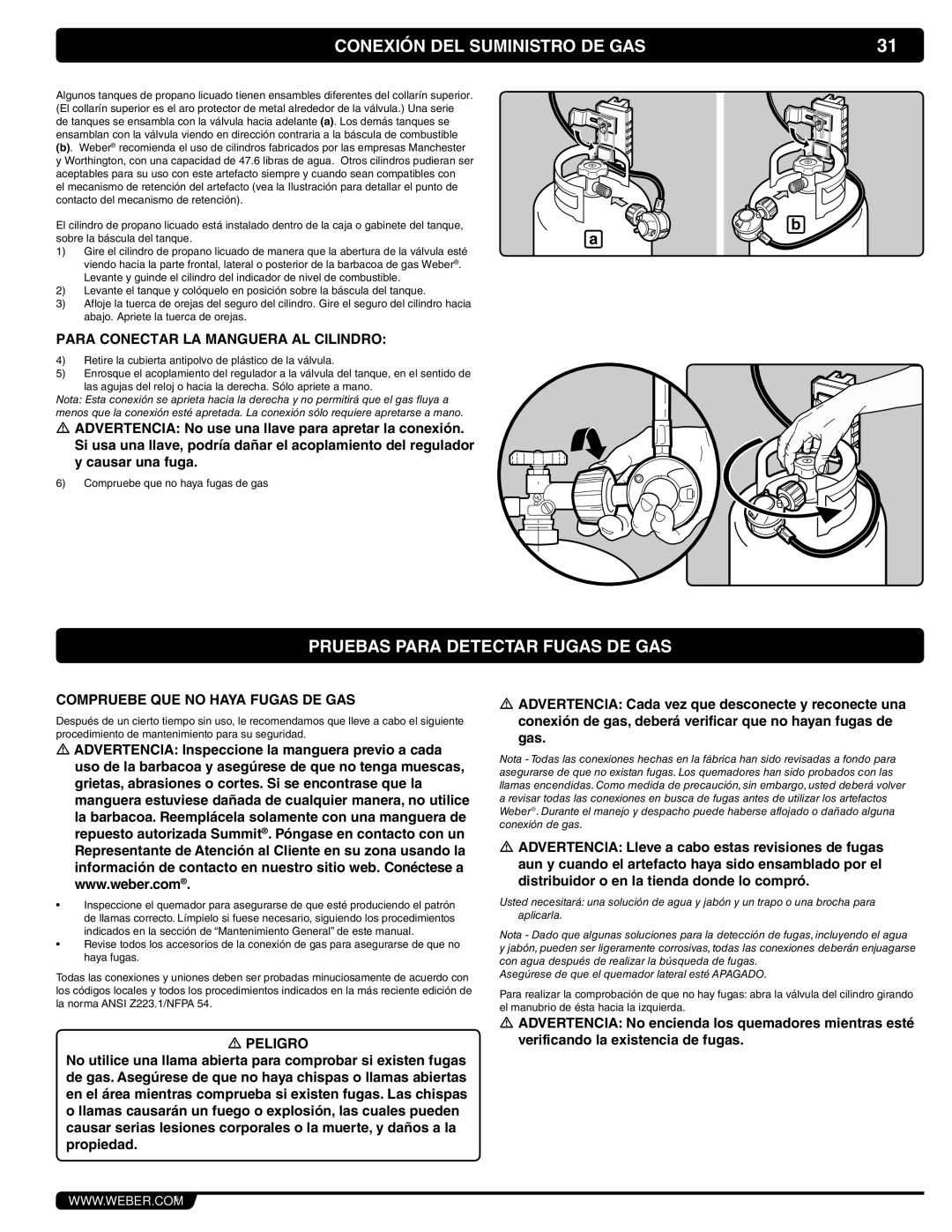 Weber 56069 Pruebas Para Detectar Fugas DE GAS, Para Conectar LA Manguera AL Cilindro, Compruebe QUE no Haya Fugas DE GAS 