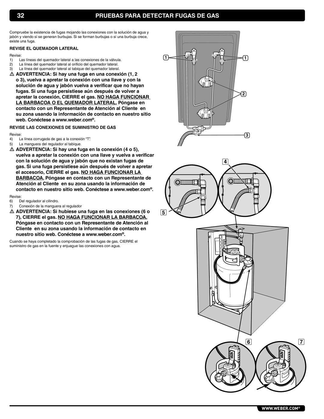 Weber 56069 Pruebas Para Detectar Fugas DE GAS, Revise EL Quemador Lateral, Revise LAS Conexiones DE Suministro DE GAS 