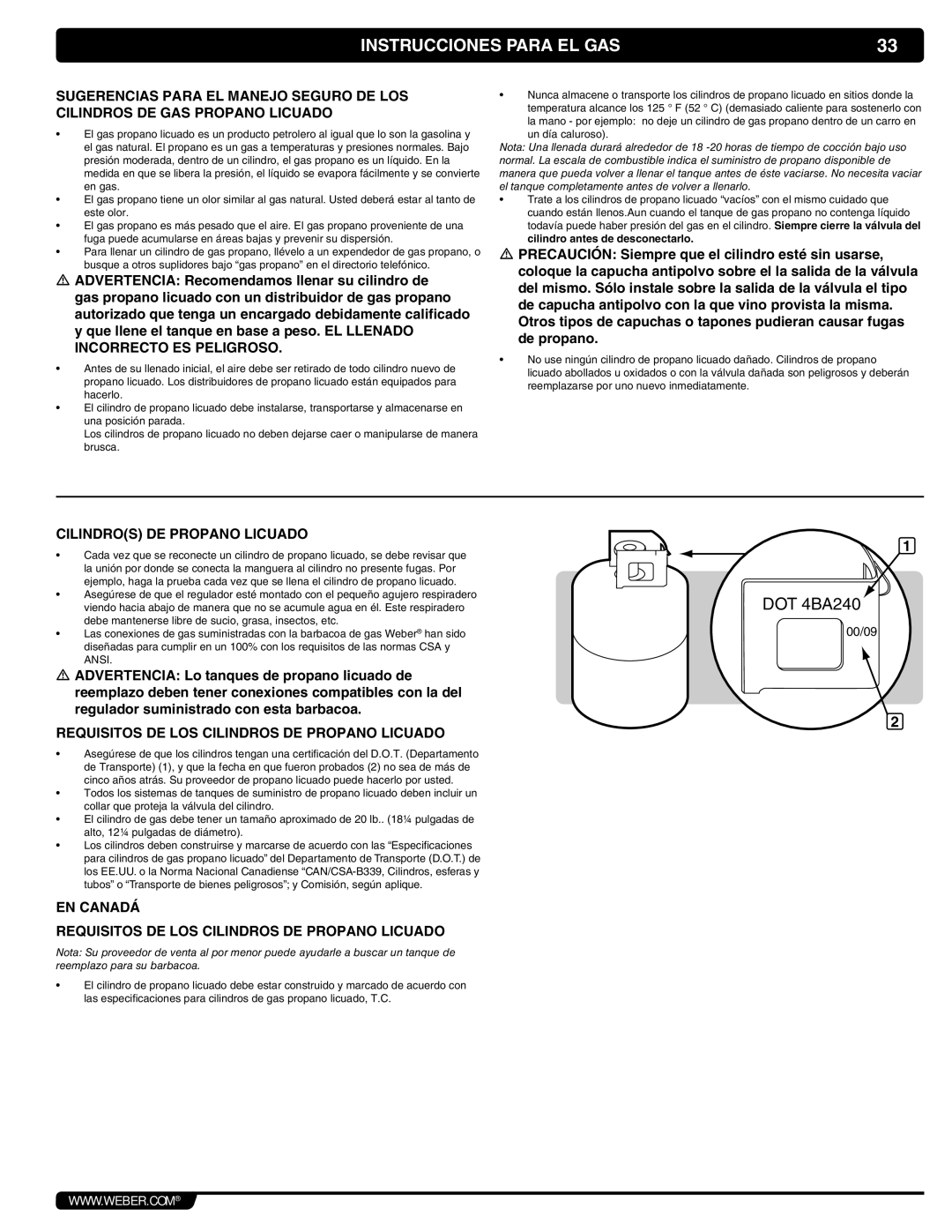 Weber 56069 manual Instrucciones Para EL GAS, Requisitos DE LOS Cilindros DE Propano Licuado 