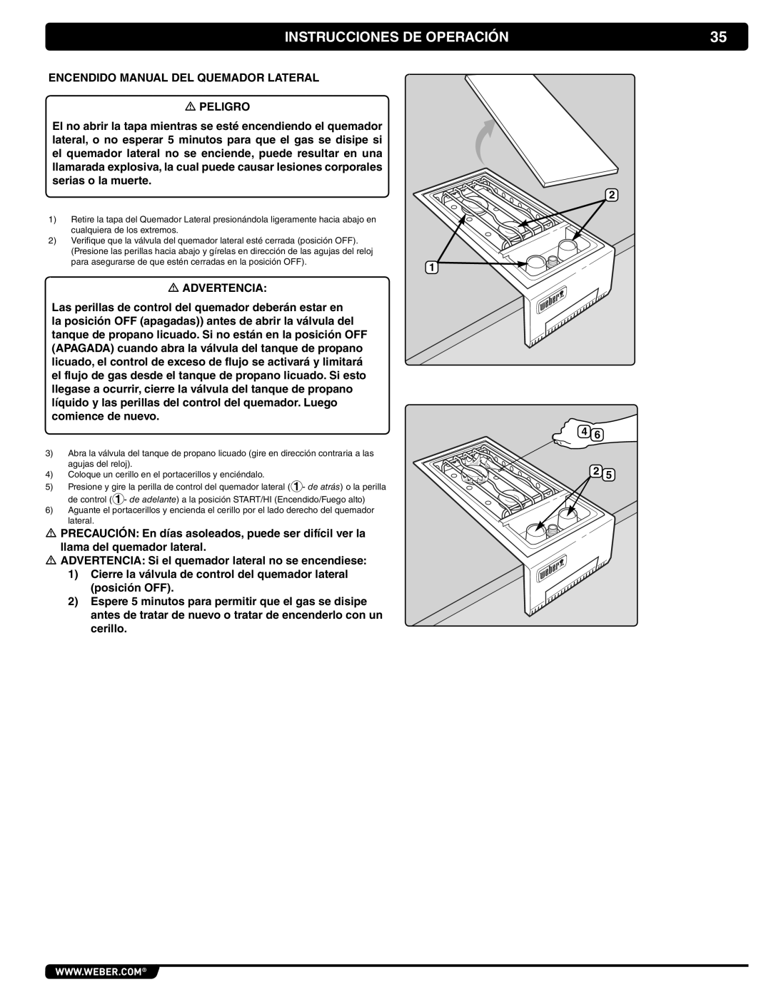 Weber 56069 manual Instrucciones DE Operación, Encendido Manual DEL Quemador Lateral Peligro 