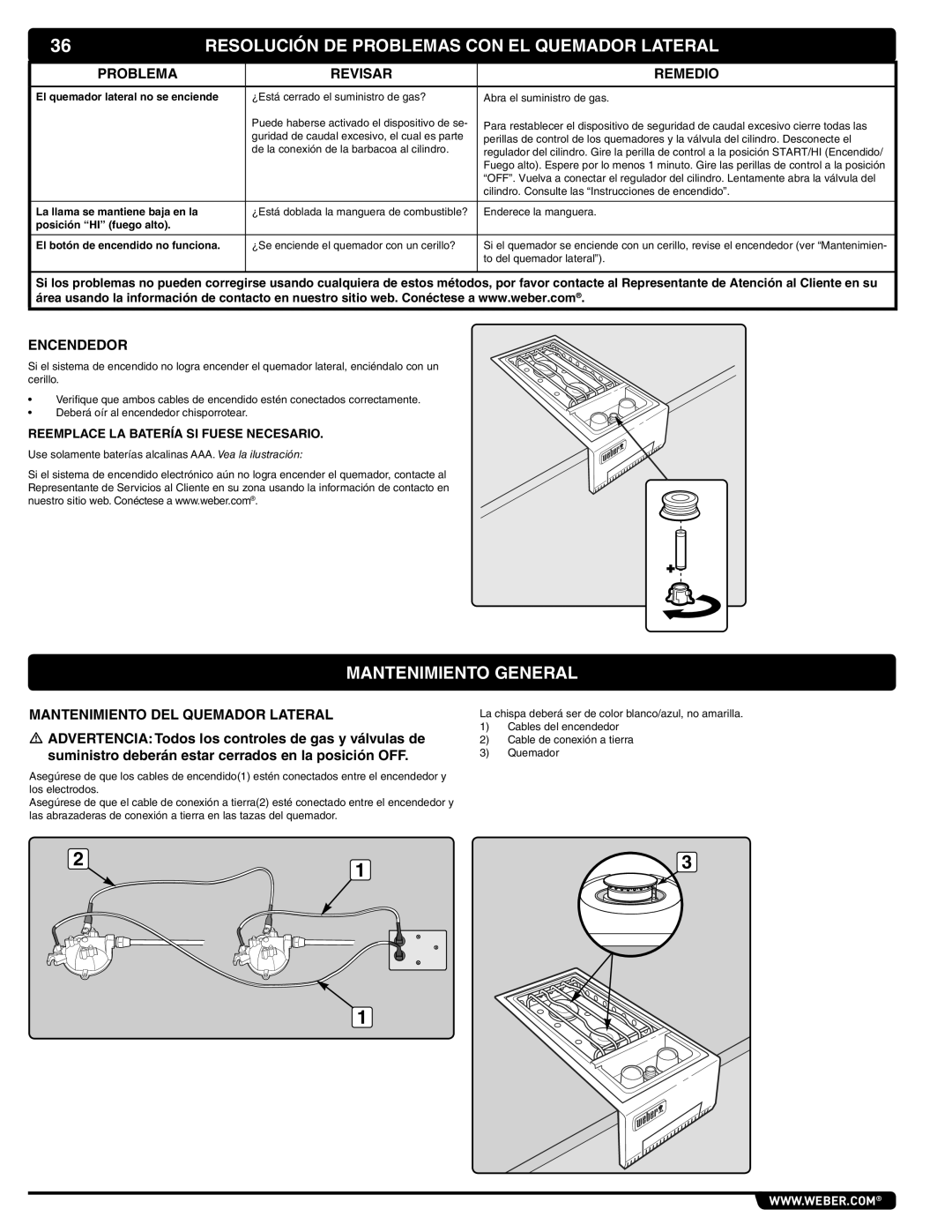 Weber 56069 Mantenimiento General, Resolución DE Problemas CON EL Quemador Lateral, Problema Revisar Remedio, Encendedor 