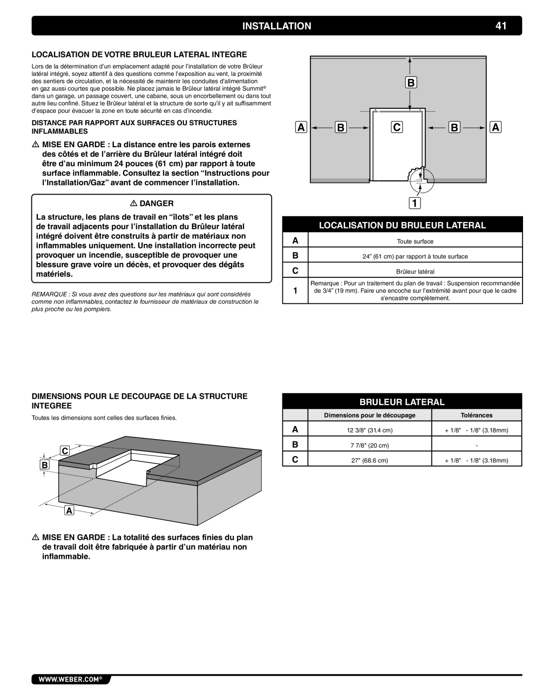 Weber 56069 manual Localisation DE Votre Bruleur Lateral Integre, Dimensions Pour LE Decoupage DE LA Structure Integree 