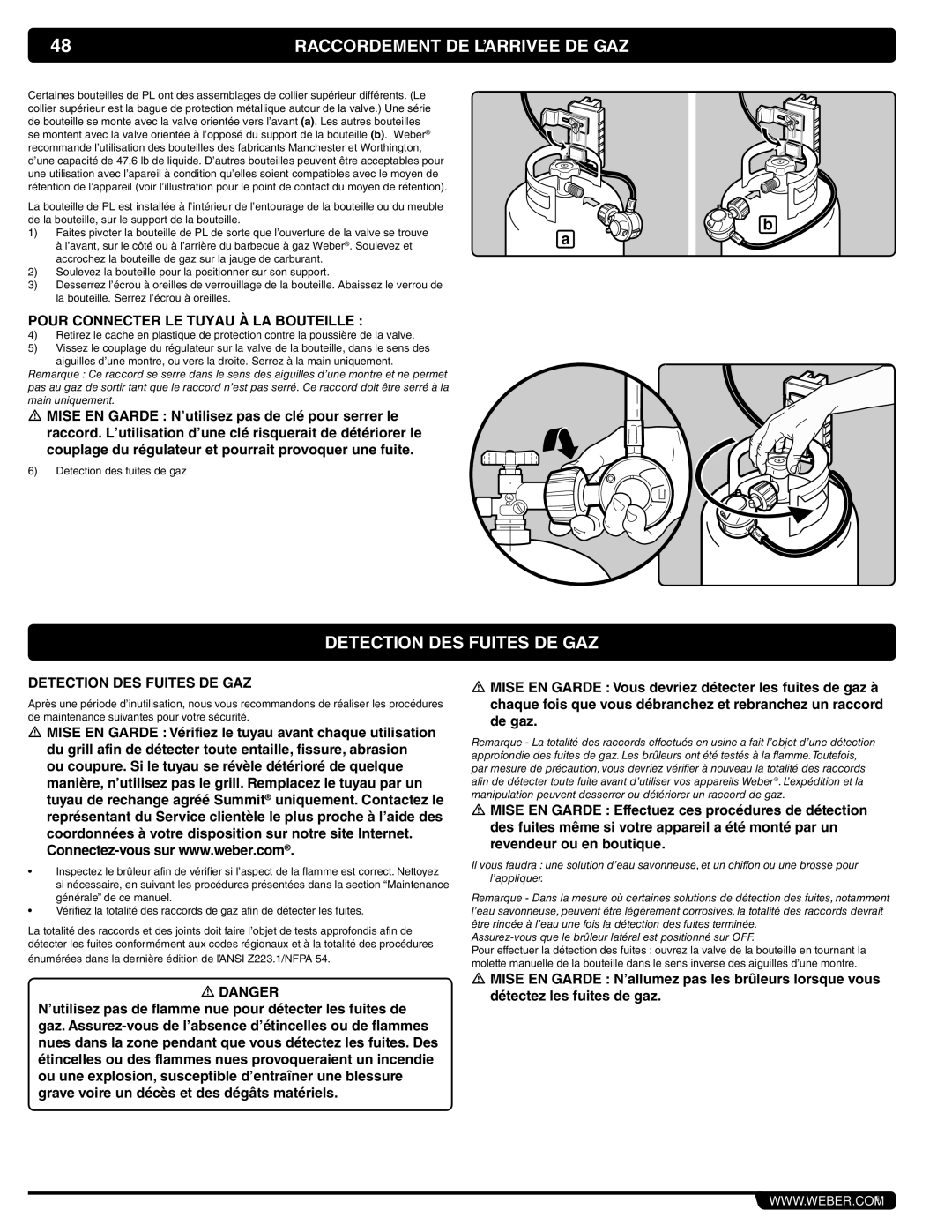 Weber 56069 manual Detection DES Fuites DE GAZ, Pour Connecter LE Tuyau À LA Bouteille 