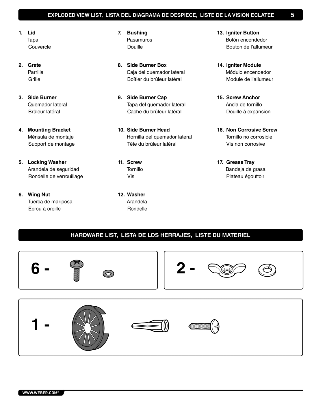 Weber 56069 manual Hardware LIST, Lista DE LOS HERRAJES, Liste DU Materiel, Grate Side Burner Box Igniter Module 